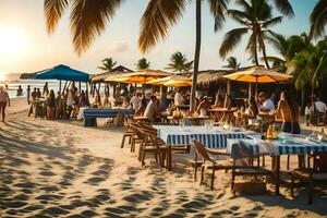 un' spiaggia con tavoli e ombrelli su il sabbia. ai-generato foto