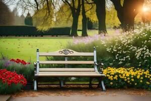 un' panchina nel un' parco circondato di fiori. ai-generato foto