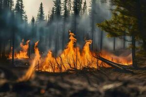 un' foresta fuoco nel il mezzo di un' foresta. ai-generato foto