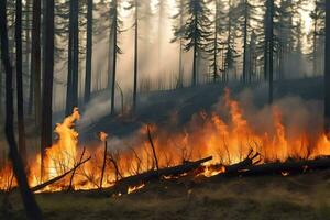 un' foresta fuoco è ardente nel il boschi. ai-generato foto