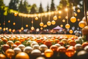 un' campo di arancia e giallo palle nel il mezzo di un' foresta. ai-generato foto