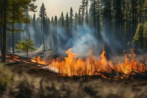 un' foresta fuoco è ardente nel il mezzo di un' foresta. ai-generato foto