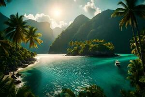 foto sfondo il cielo, acqua, spiaggia, montagne, palma alberi, barca, il sole,. ai-generato