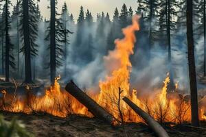 un' foresta fuoco è ardente nel il mezzo di un' foresta. ai-generato foto