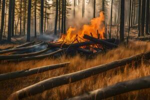 un' fuoco ustioni nel il foresta con logs e alberi. ai-generato foto