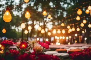 un' giardino con fiori e luci. ai-generato foto