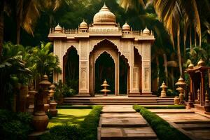 un indiano tempio nel il mezzo di un' lussureggiante verde parco. ai-generato foto