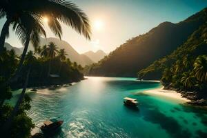 un' tropicale isola con palma alberi e Barche. ai-generato foto