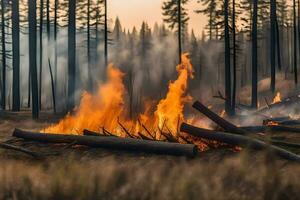 un' fuoco ustioni nel il foresta con logs e alberi. ai-generato foto