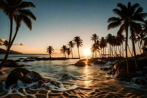 il sole imposta al di sopra di il oceano e palma alberi. ai-generato foto