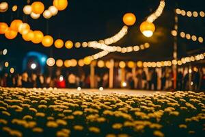un' campo di giallo fiori a notte con luci. ai-generato foto
