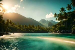 il sole brilla al di sopra di un' tropicale spiaggia e palma alberi. ai-generato foto