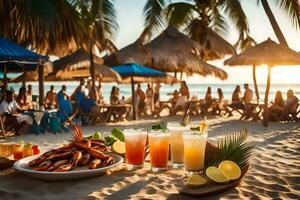 un' tavolo con gamberetto, bevande e cibo su il spiaggia. ai-generato foto