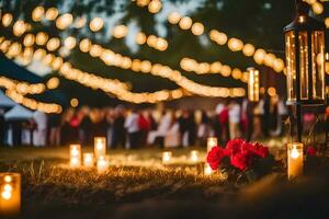 candele e fiori siamo illuminato su nel il erba a un' nozze. ai-generato foto