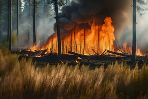 un' foresta fuoco nel il mezzo di un' campo. ai-generato foto