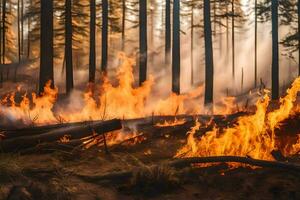 un' foresta fuoco nel il mezzo di un' foresta. ai-generato foto