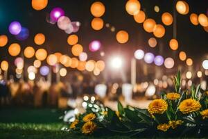 giallo fiori nel il erba a notte. ai-generato foto