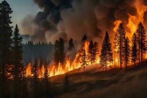 un' wildfire ustioni nel il foresta vicino alberi. ai-generato foto