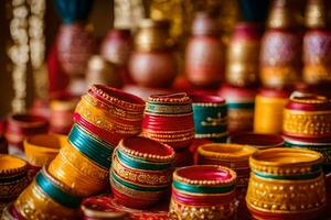 indiano nozze arredamento con colorato pentole. ai-generato foto