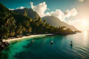 un' tropicale isola con palma alberi e Barche. ai-generato foto