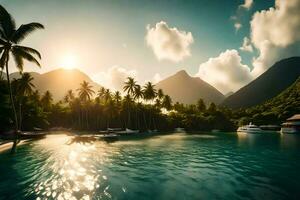 un' tropicale isola con palma alberi e montagne. ai-generato foto