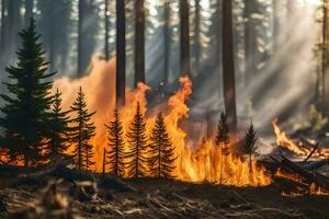 un' foresta fuoco nel il mezzo di un' foresta. ai-generato foto