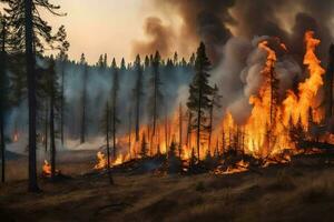 un' foresta fuoco è ardente nel il mezzo di un' foresta. ai-generato foto