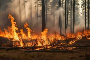 un' foresta fuoco nel il boschi con fiamme e Fumo. ai-generato foto