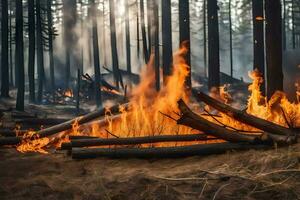 un' foresta fuoco nel il mezzo di un' foresta. ai-generato foto