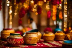indiano nozze arredamento con colorato pentole e vasi. ai-generato foto
