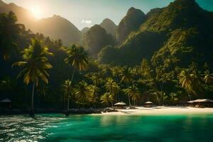 un' tropicale isola con palma alberi e un' spiaggia. ai-generato foto