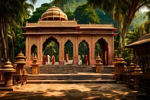 un' tempio nel il mezzo di un' tropicale foresta. ai-generato foto