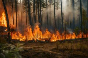 un' foresta fuoco è ardente nel il boschi. ai-generato foto