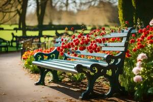 un' parco panchina con fiori nel davanti di esso. ai-generato foto