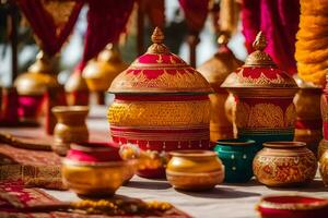 indiano nozze arredamento con colorato pentole e ciotole. ai-generato foto