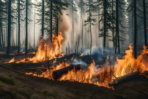 un' foresta fuoco nel il mezzo di un' foresta. ai-generato foto