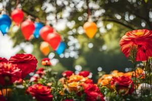 colorato fiori nel un' giardino con palloncini. ai-generato foto