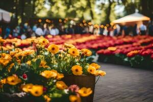 un' fiore mercato con molti giallo e arancia fiori. ai-generato foto