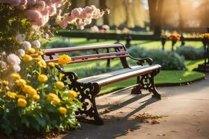 un' panchina nel un' parco con fiori e alberi. ai-generato foto