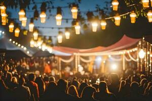 un' folla di persone a un all'aperto evento con luci. ai-generato foto