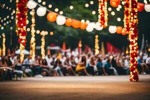 un' folla di persone a un all'aperto evento con luci. ai-generato foto