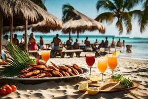 un' spiaggia con cibo e bevande su il sabbia. ai-generato foto