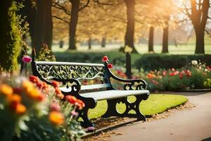 un' parco panchina è nel il mezzo di un' fiore giardino. ai-generato foto