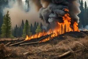 un' foresta fuoco è ardente nel il mezzo di un' foresta. ai-generato foto