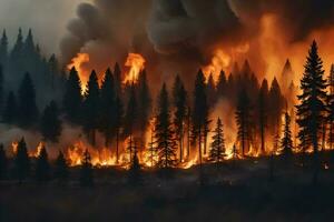 un' foresta fuoco è ardente nel il mezzo di un' foresta. ai-generato foto