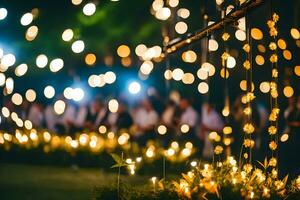 un' gruppo di persone in piedi nel davanti di un' corda di luci. ai-generato foto