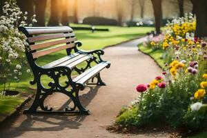 un' panchina nel un' parco con fiori e alberi. ai-generato foto