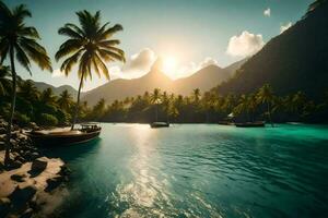 un' tropicale isola con palma alberi e Barche. ai-generato foto