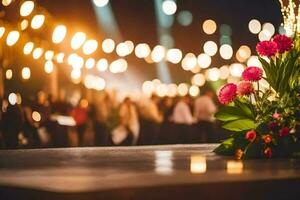 fiori e candele su un' tavolo a notte. ai-generato foto