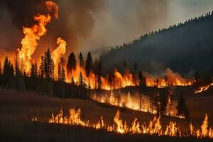 un' foresta fuoco è ardente nel il montagne. ai-generato foto